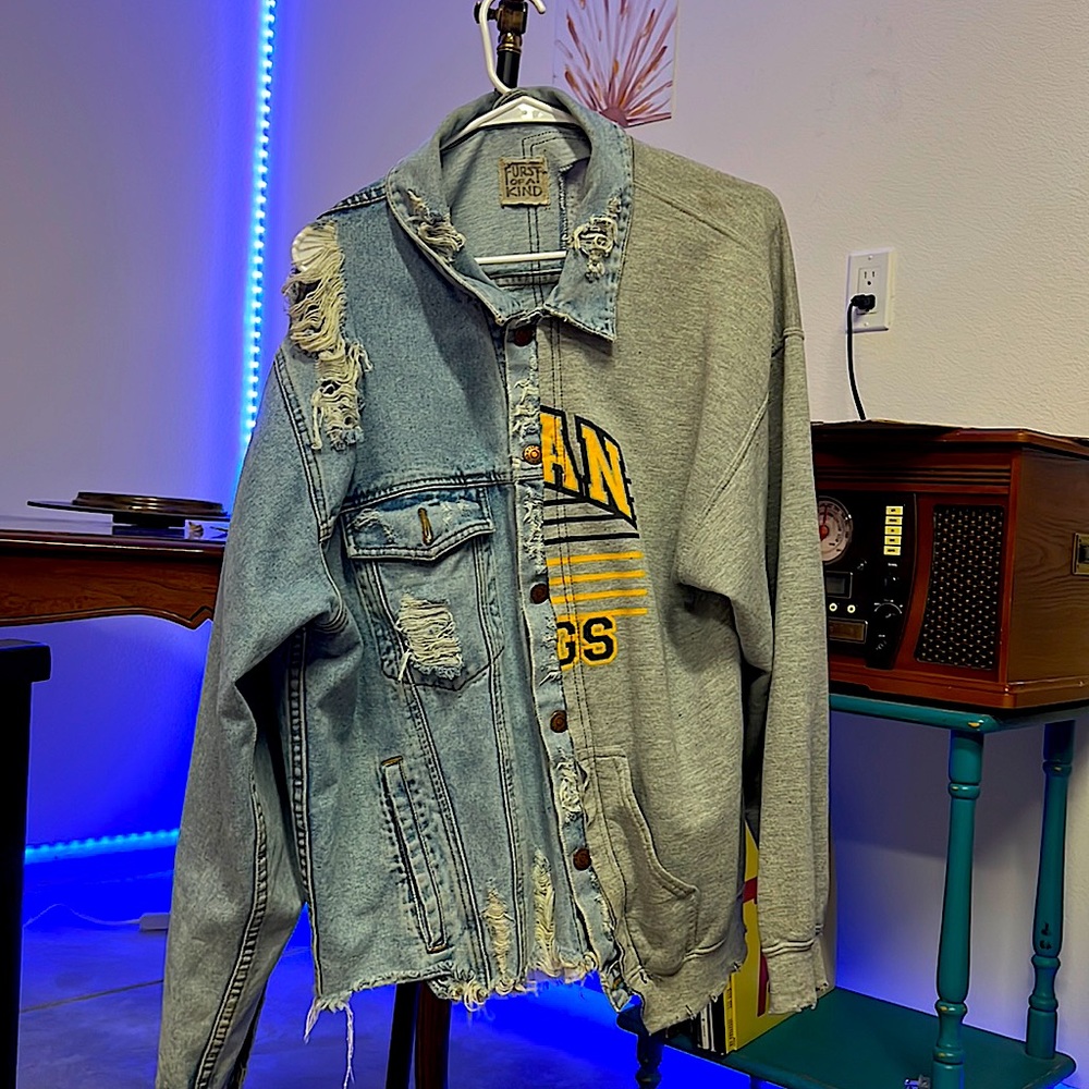 From a brand called, “Furst of a Kind”. Hybrid distressed jean jacket & sweater.